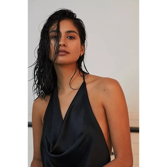 Anthropologie Eva Franco Cowl Neck Black Mini Lingerie Dress Open Back - Picture 2 of 4